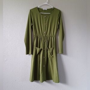 Olive Green Button-Down Dress Long Sleeve With Front Pockets